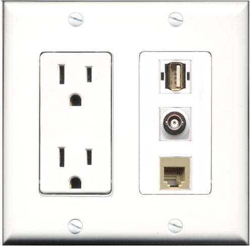 RiteAV - 15 Amp Power Outlet 1 Port USB A-A 1 Port Phone Beige 1 Port BNC Decorative Wall Plate