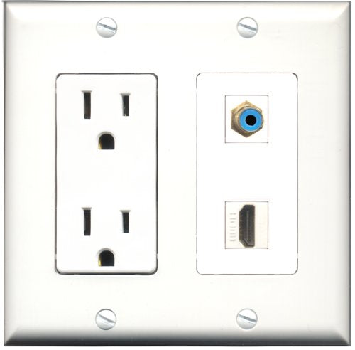 RiteAV - 15 Amp Power Outlet and 1 Port HDMI and 1 Port RCA Blue Decorative Type Wall Plate White