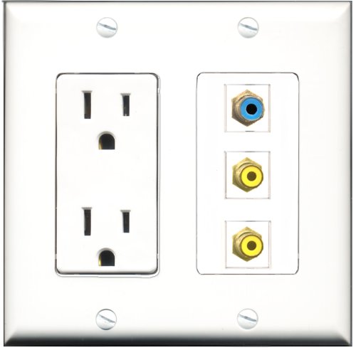 RiteAV - 15 Amp Power Outlet 2 Port RCA Yellow 1 Port RCA Blue Decorative Wall Plate