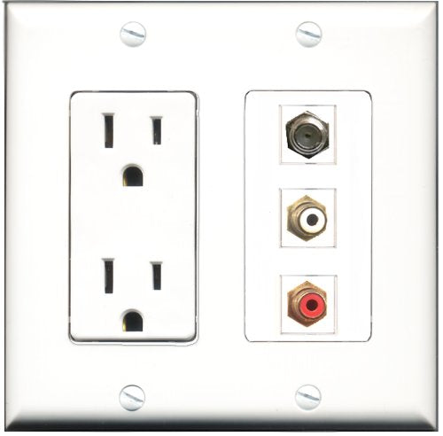 RiteAV - 15 Amp Power Outlet 1 Port RCA Red 1 Port RCA White 1 Port Coax Decorative Wall Plate