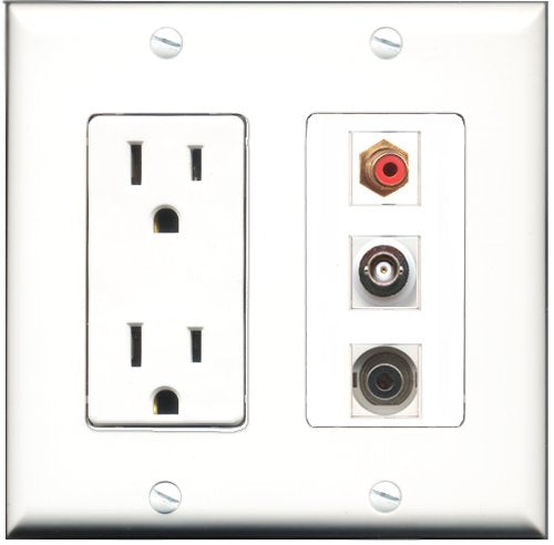 RiteAV - 15 Amp Power Outlet 1 Port RCA Red 1 Port 3.5mm 1 Port BNC Decorative Wall Plate