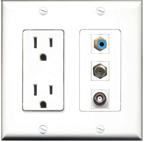 RiteAV - 15 Amp Power Outlet 1 Port RCA Blue 1 Port Coax 1 Port BNC Decorative Wall Plate