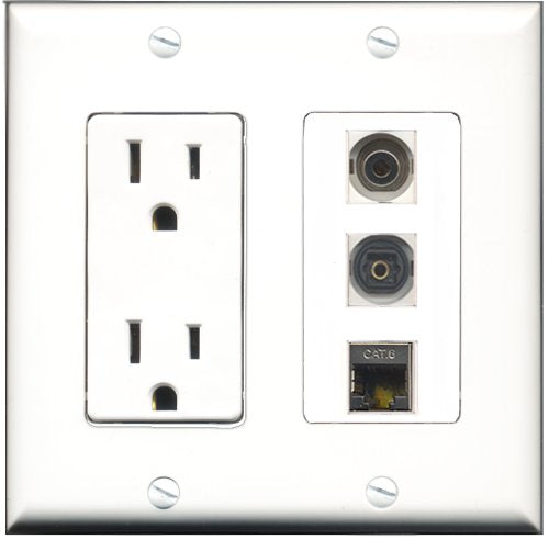 RiteAV - 15 Amp Power Outlet 1 Port Shielded Cat6 Ethernet Ethernet 1 Port Toslink 1 Port 3.5mm Decorative Wall Plate