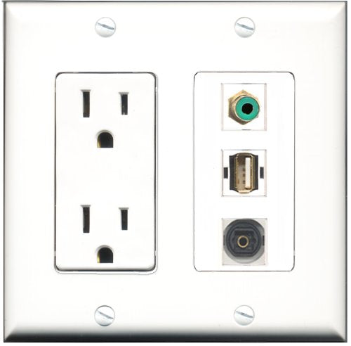RiteAV - 15 Amp Power Outlet 1 Port RCA Green 1 Port USB A-A 1 Port Toslink Decorative Wall Plate