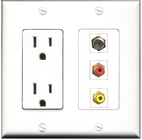 RiteAV - 15 Amp Power Outlet 1 Port RCA Red 1 Port RCA Yellow 1 Port Coax Decorative Wall Plate
