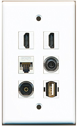 RiteAV - 2 HDMI 1 Port USB A-A 1 Port Toslink 1 Port 3.5mm 1 Port Cat5e Ethernet White Wall Plate