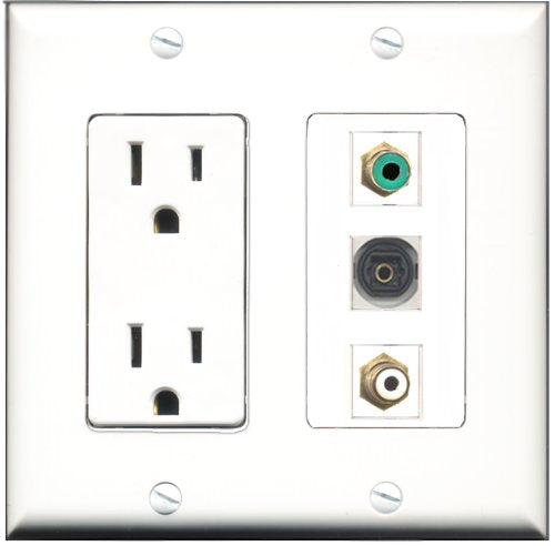 RiteAV - 15 Amp Power Outlet 1 Port RCA White 1 Port RCA Green 1 Port Toslink Decorative Wall Plate