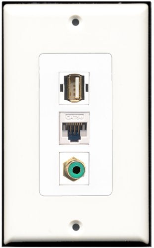 RiteAV - 1 Port RCA Green 1 USB A-A 1 Cat5e Ethernet White Wall Plate Decorative