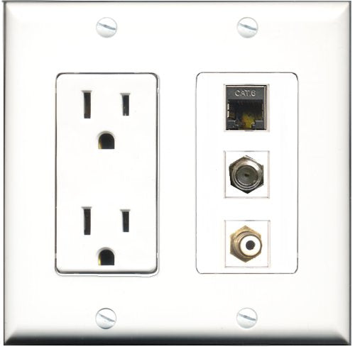 RiteAV - 15 Amp Power Outlet 1 Port RCA White 1 Port Coax 1 Port Shielded Cat6 Ethernet Ethernet Decorative Wall Plate