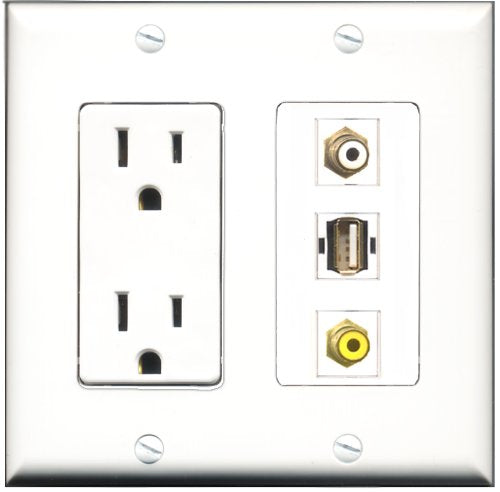 RiteAV - 15 Amp Power Outlet 1 Port RCA White 1 Port RCA Yellow 1 Port USB A-A Decorative Wall Plate