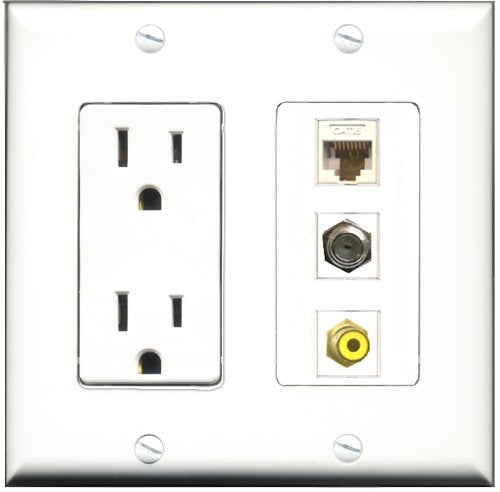 RiteAV - 15 Amp Power Outlet 1 Port RCA Yellow 1 Port Coax 1 Port Cat6 Ethernet Ethernet White Decorative Wall Plate
