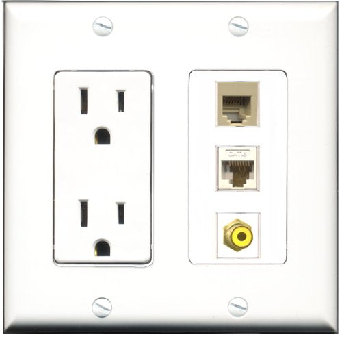 RiteAV - 15 Amp Power Outlet 1 Port RCA Yellow 1 Port Phone Beige 1 Port Cat6 Ethernet Ethernet White Decorative Wall Plate