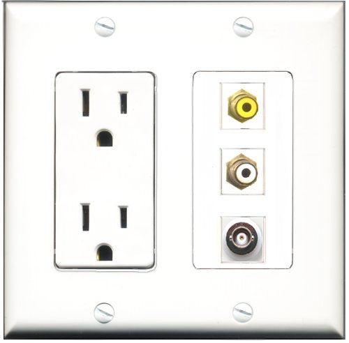 RiteAV - 15 Amp Power Outlet 1 Port RCA White 1 Port RCA Yellow 1 Port BNC Decorative Wall Plate