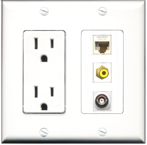 RiteAV - 15 Amp Power Outlet 1 Port RCA Yellow 1 Port BNC 1 Port Cat6 Ethernet Ethernet White Decorative Wall Plate
