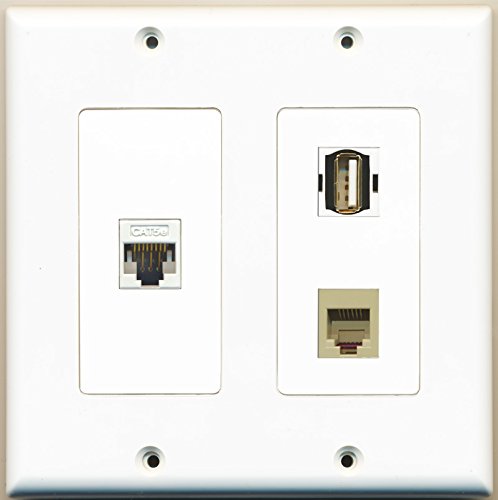 RiteAV - 1 Port USB A-A 1 Port Phone RJ11 RJ12 Beige 1 Port Cat5e Ethernet White - 2 Gang Wall Plate