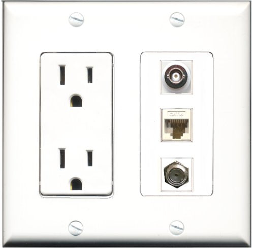 RiteAV - 15 Amp Power Outlet 1 Port Coax 1 Port BNC 1 Port Cat6 Ethernet Ethernet White Decorative Wall Plate