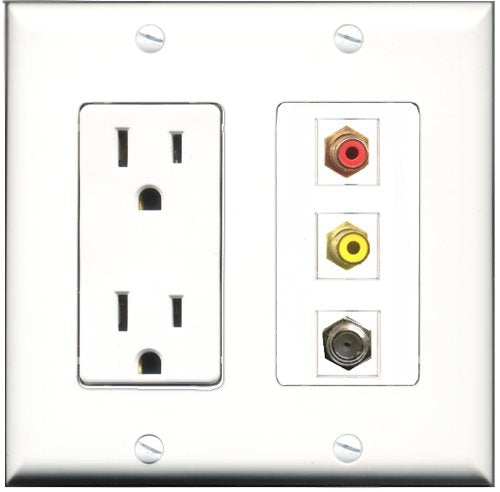 RiteAV - 15 Amp Power Outlet 1 Port RCA Red 1 Port RCA Yellow 1 Port Coax Decorative Wall Plate