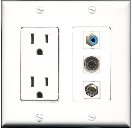 RiteAV - 15 Amp Power Outlet 1 Port RCA Blue 1 Port Coax 1 Port 3.5mm Decorative Wall Plate