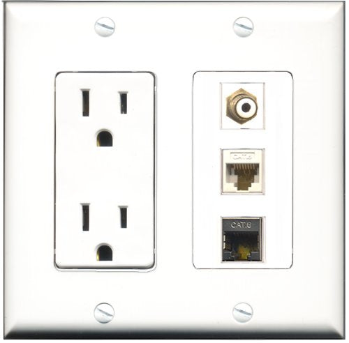 RiteAV - 15 Amp Power Outlet 1 Port RCA White 1 Port Shielded Cat6 Ethernet Ethernet 1 Port Cat6 Ethernet Ethernet White Decorative Wall Plate