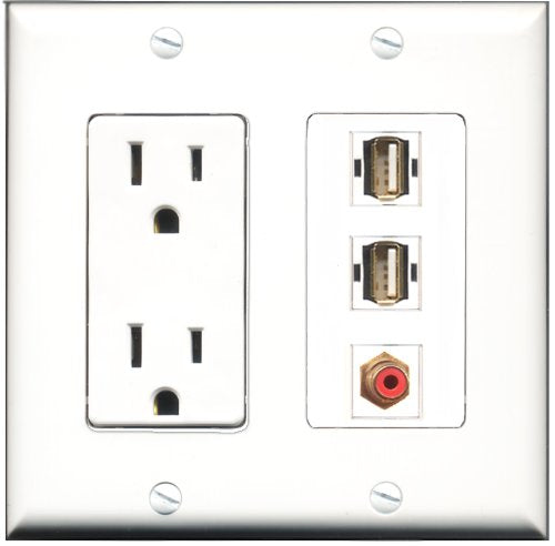 RiteAV - 15 Amp Power Outlet 1 Port RCA Red 2 Port USB A-A Decorative Wall Plate