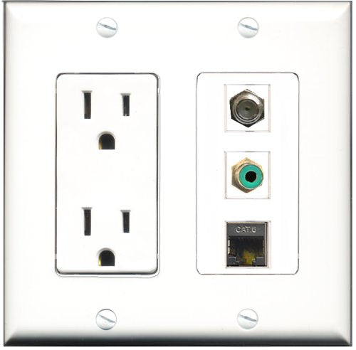 RiteAV - 15 Amp Power Outlet 1 Port RCA Green 1 Port Coax 1 Port Shielded Cat6 Ethernet Ethernet Decorative Wall Plate