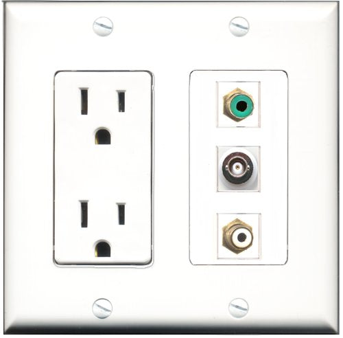 RiteAV - 15 Amp Power Outlet 1 Port RCA White 1 Port RCA Green 1 Port BNC Decorative Wall Plate