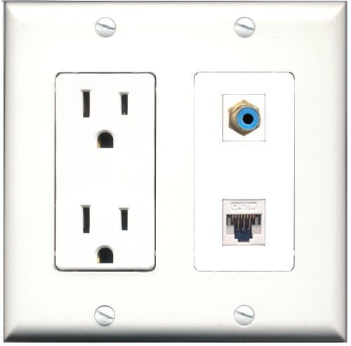 RiteAV - 15 Amp Power Outlet and 1 Port RCA Blue and 1 Port Cat5e Ethernet White Decorative Type Wall Plate White