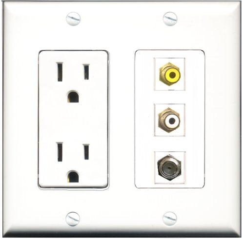 RiteAV - 15 Amp Power Outlet 1 Port RCA White 1 Port RCA Yellow 1 Port Coax Decorative Wall Plate