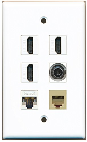 RiteAV - 3 HDMI 1 Port Phone RJ11 RJ12 Beige 1 Port 3.5mm 1 Port Cat5e Ethernet White Wall Plate