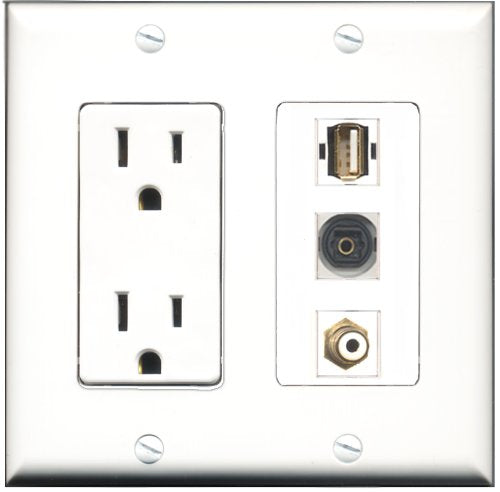 RiteAV - 15 Amp Power Outlet 1 Port RCA White 1 Port USB A-A 1 Port Toslink Decorative Wall Plate