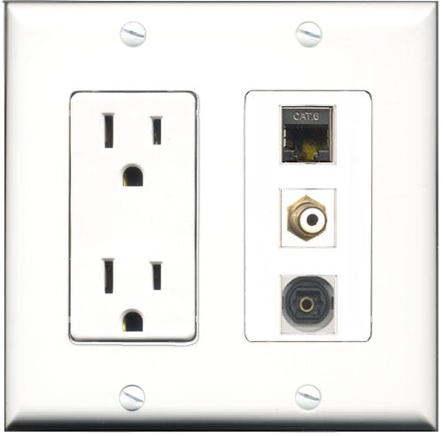 RiteAV - 15 Amp Power Outlet 1 Port RCA White 1 Port Shielded Cat6 Ethernet Ethernet 1 Port Toslink Decorative Wall Plate
