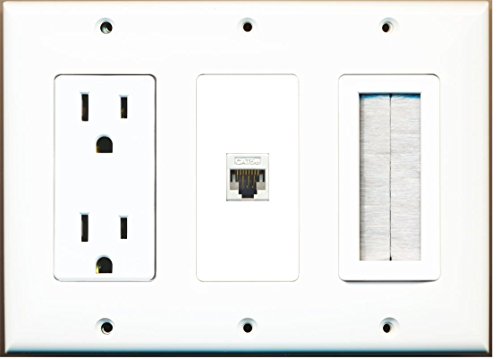 RiteAV - (3 Gang) 15A Power Outlet Mesh-Brush Cat5e White Wall Plate White