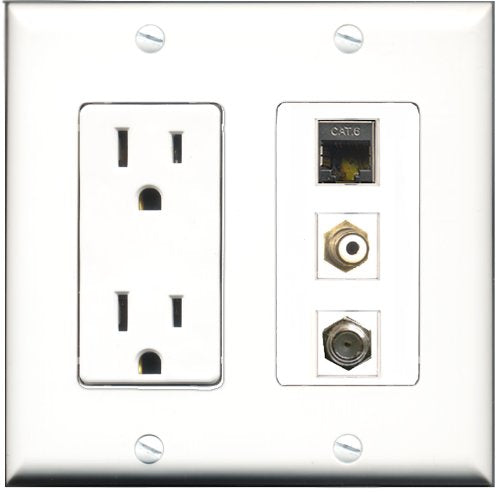 RiteAV - 15 Amp Power Outlet 1 Port RCA White 1 Port Coax 1 Port Shielded Cat6 Ethernet Ethernet Decorative Wall Plate