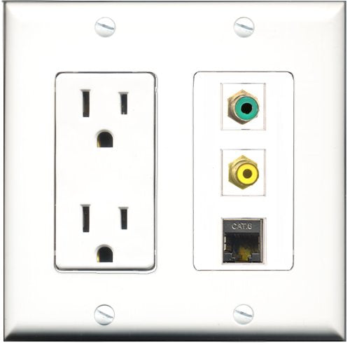 RiteAV - 15 Amp Power Outlet 1 Port RCA Yellow 1 Port RCA Green 1 Port Shielded Cat6 Ethernet Ethernet Decorative Wall Plate