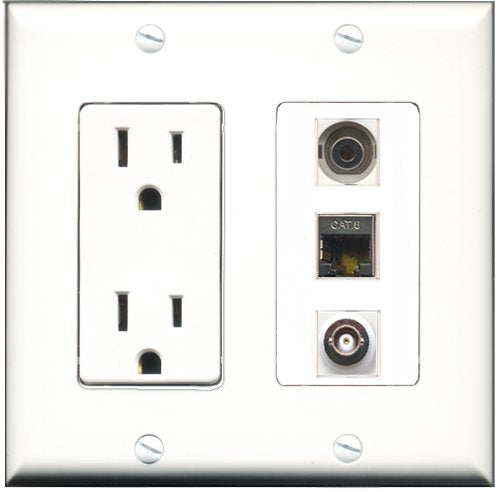 RiteAV - 15 Amp Power Outlet 1 Port Shielded Cat6 Ethernet Ethernet 1 Port 3.5mm 1 Port BNC Decorative Wall Plate