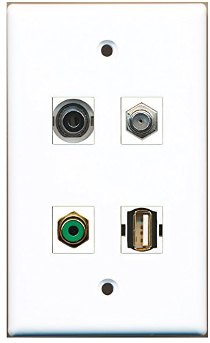RiteAV - 1 Port RCA Green 1 Port Coax Cable TV- F-Type 1 Port USB A-A 1 Port 3.5mm Wall Plate