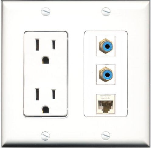 RiteAV - 15 Amp Power Outlet 2 Port RCA Blue 1 Port Cat6 Ethernet Ethernet White Decorative Wall Plate