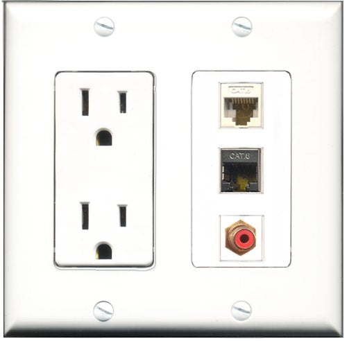 RiteAV - 15 Amp Power Outlet 1 Port RCA Red 2 Port Shielded Cat6 Ethernet Ethernet Decorative Wall Plate