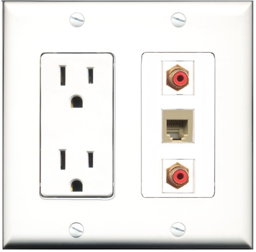 RiteAV - 15 Amp Power Outlet 2 Port RCA Red 1 Port Phone Beige Decorative Wall Plate