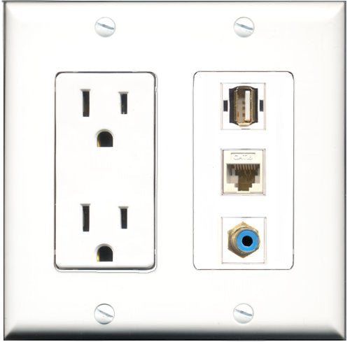 RiteAV - 15 Amp Power Outlet 1 Port RCA Blue 1 Port USB A-A 1 Port Cat6 Ethernet Ethernet White Decorative Wall Plate