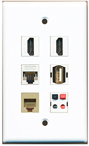 RiteAV - 2 HDMI 1 Port USB A-A 1 Port Phone RJ11 RJ12 Beige 1 Port Cat5e Ethernet White 1 Port Speaker Wall Plate