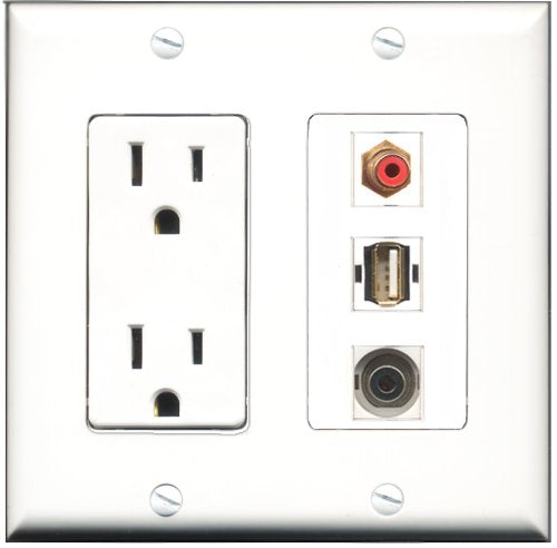 RiteAV - 15 Amp Power Outlet 1 Port RCA Red 1 Port USB A-A 1 Port 3.5mm Decorative Wall Plate