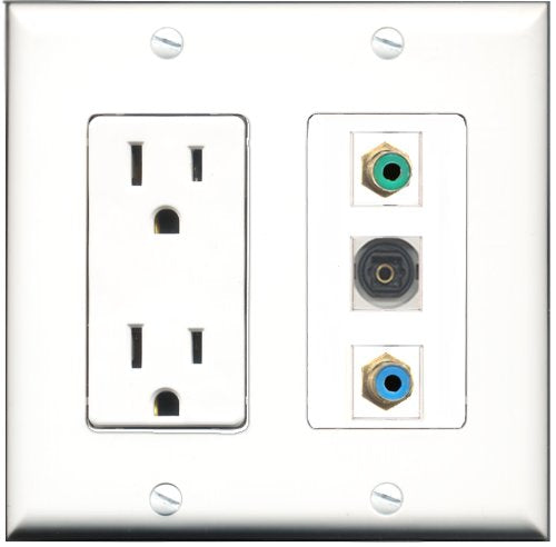 RiteAV - 15 Amp Power Outlet 1 Port RCA Green 1 Port RCA Blue 1 Port Toslink Decorative Wall Plate