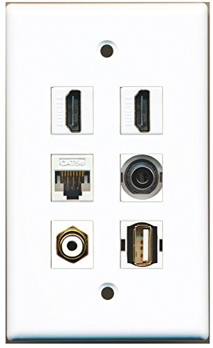 RiteAV - 2 HDMI 1 Port RCA White 1 Port USB A-A 1 Port 3.5mm 1 Port Cat5e Ethernet White Wall Plate