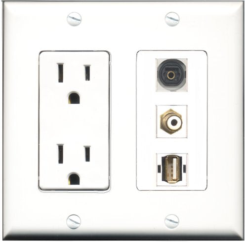 RiteAV - 15 Amp Power Outlet 1 Port RCA White 1 Port USB A-A 1 Port Toslink Decorative Wall Plate