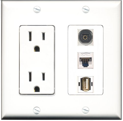 RiteAV - 15 Amp Power Outlet 1 Port USB A-A 1 Port Toslink 1 Port Cat5e Ethernet White Decorative Wall Plate