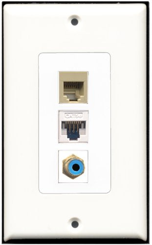 RiteAV - 1 Port RCA Blue 1 Phone RJ11 RJ12 Beige 1 Cat5e Ethernet White Wall Plate Decorative