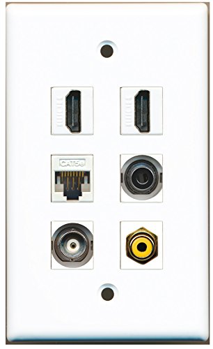 RiteAV - 2 HDMI 1 Port RCA Yellow 1 Port 3.5mm 1 Port BNC 1 Port Cat5e Ethernet White Wall Plate