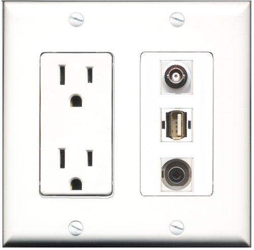 RiteAV - 15 Amp Power Outlet 1 Port USB A-A 1 Port 3.5mm 1 Port BNC Decorative Wall Plate