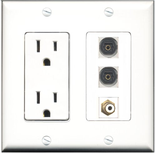 RiteAV - 15 Amp Power Outlet 1 Port RCA White 2 Port Toslink Decorative Wall Plate